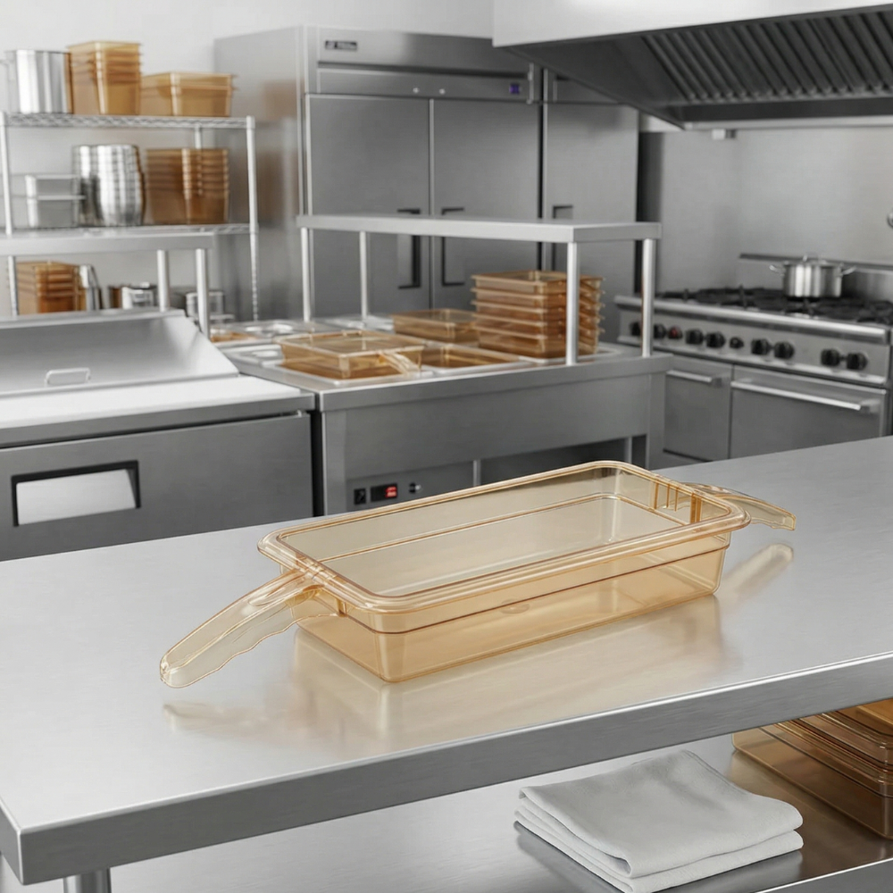 Cambro 1/3 Size Food Pan High Heat Polycarbonate Amber Double Handle 176x325x65mm / 2.4Lt