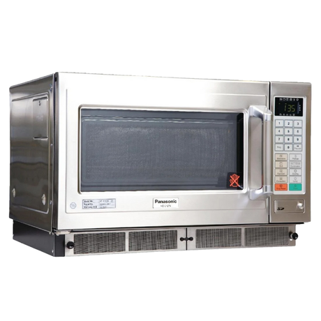 Stainless steel Panasonic microwave oven on a white background