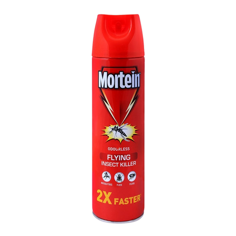 Red Mortein insect killer can on a white background